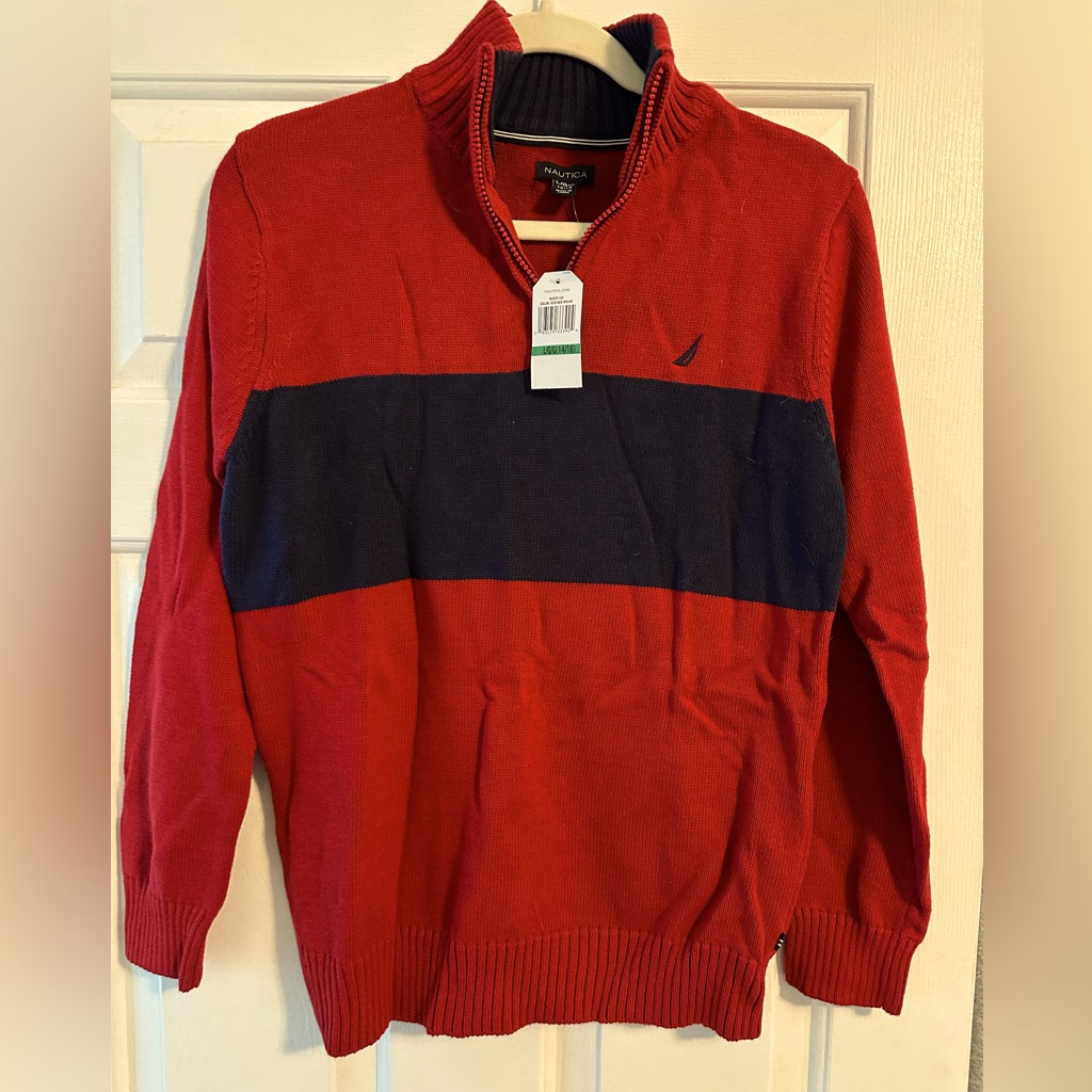 Nautica Boy’s Bold Red And Navy Zip-Up Sweater